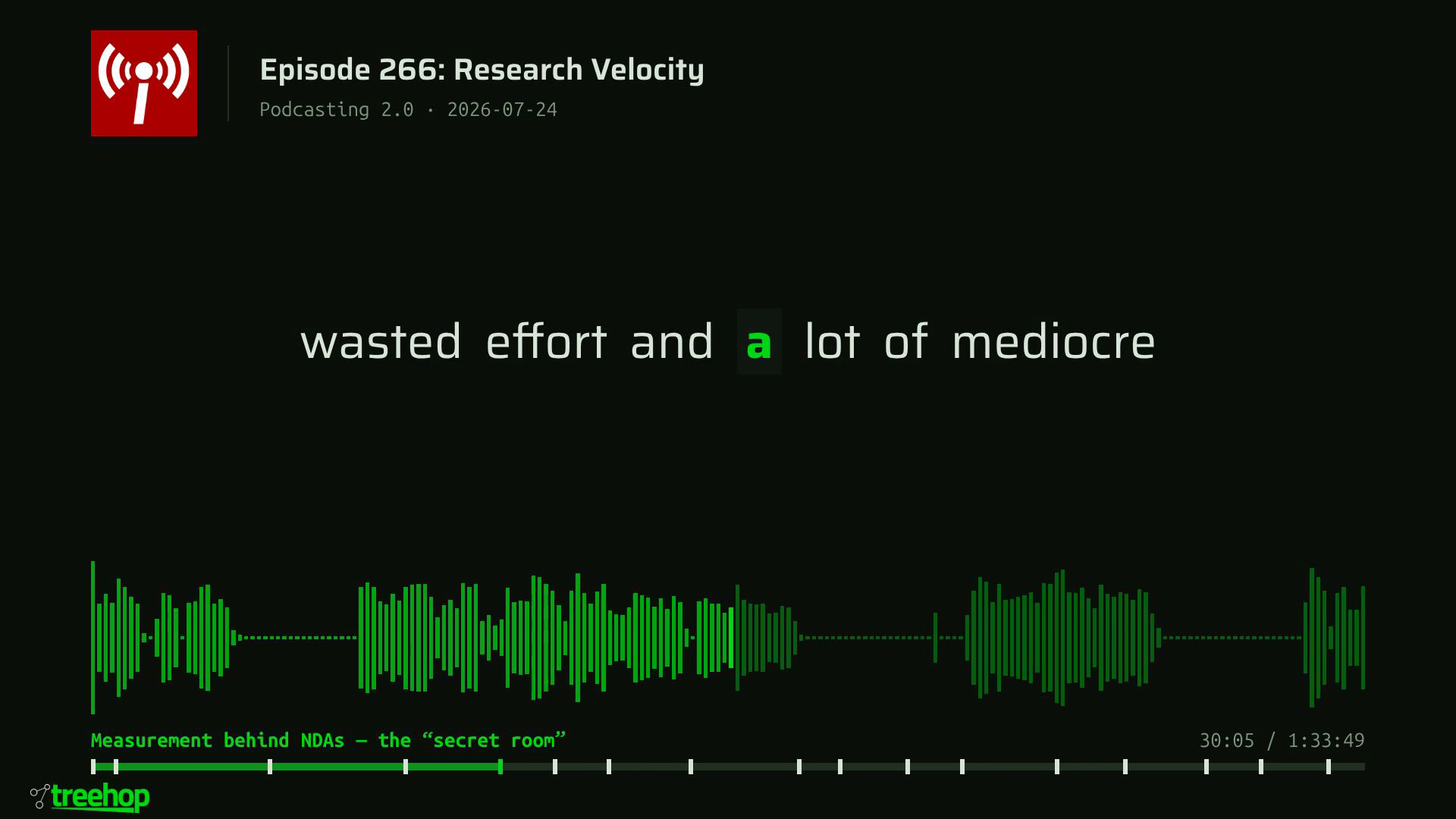 Frame from a real Treehop render: word-timed captions with the active word highlighted in green, an animated waveform, and the chapter rail showing the current chapter title.