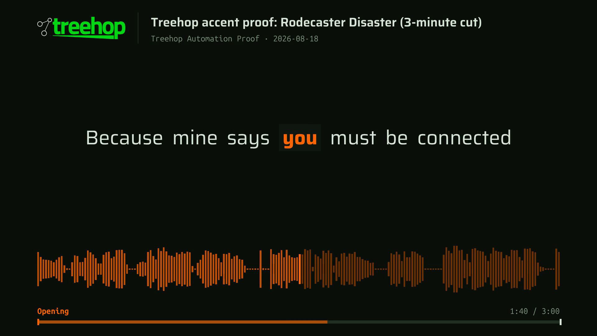 Frame from a real Treehop render using a custom orange accent color: captions, waveform, and chapter rail all take the accent you pick per feed.